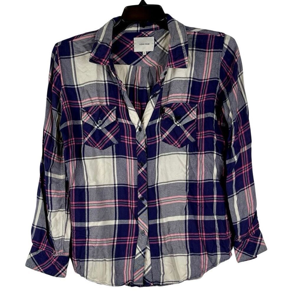 Lena Case Purple Plaid Button Down Top Large